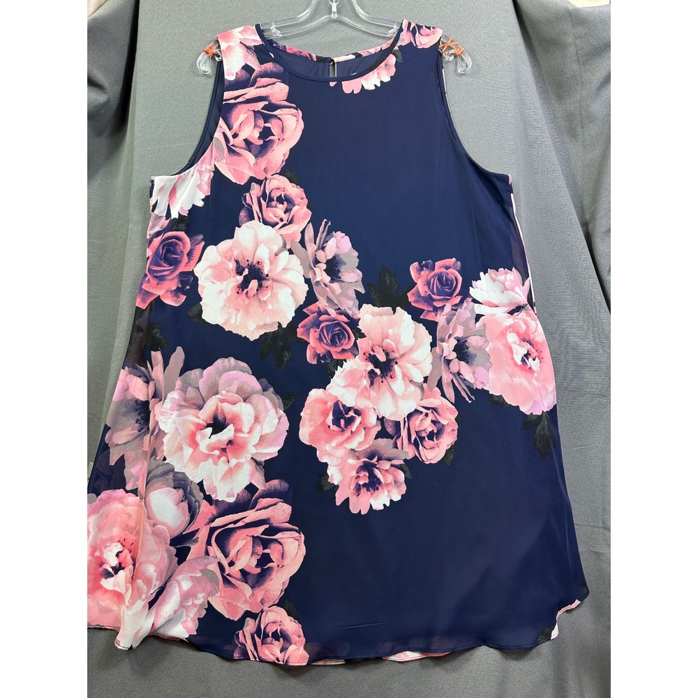 J Howard Womens Size 18 Navy Pink Floral Chiffon Sleeveless Shift‎ Dress Keyhole